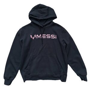 MESSI Black Pullover Hoodie Sweatshirt Pink Logo Mens S Soccer Streetwear